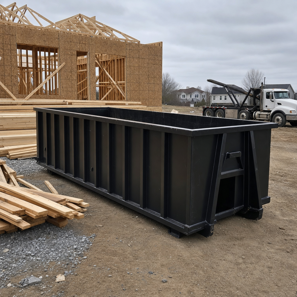 Matte-black 40-yard roll-off dumpster staged on a framed-out residential construction site in Clearwater, framing lumber stacked nearby, hooklift delivery truck visible in the background under bright Colorado daylight