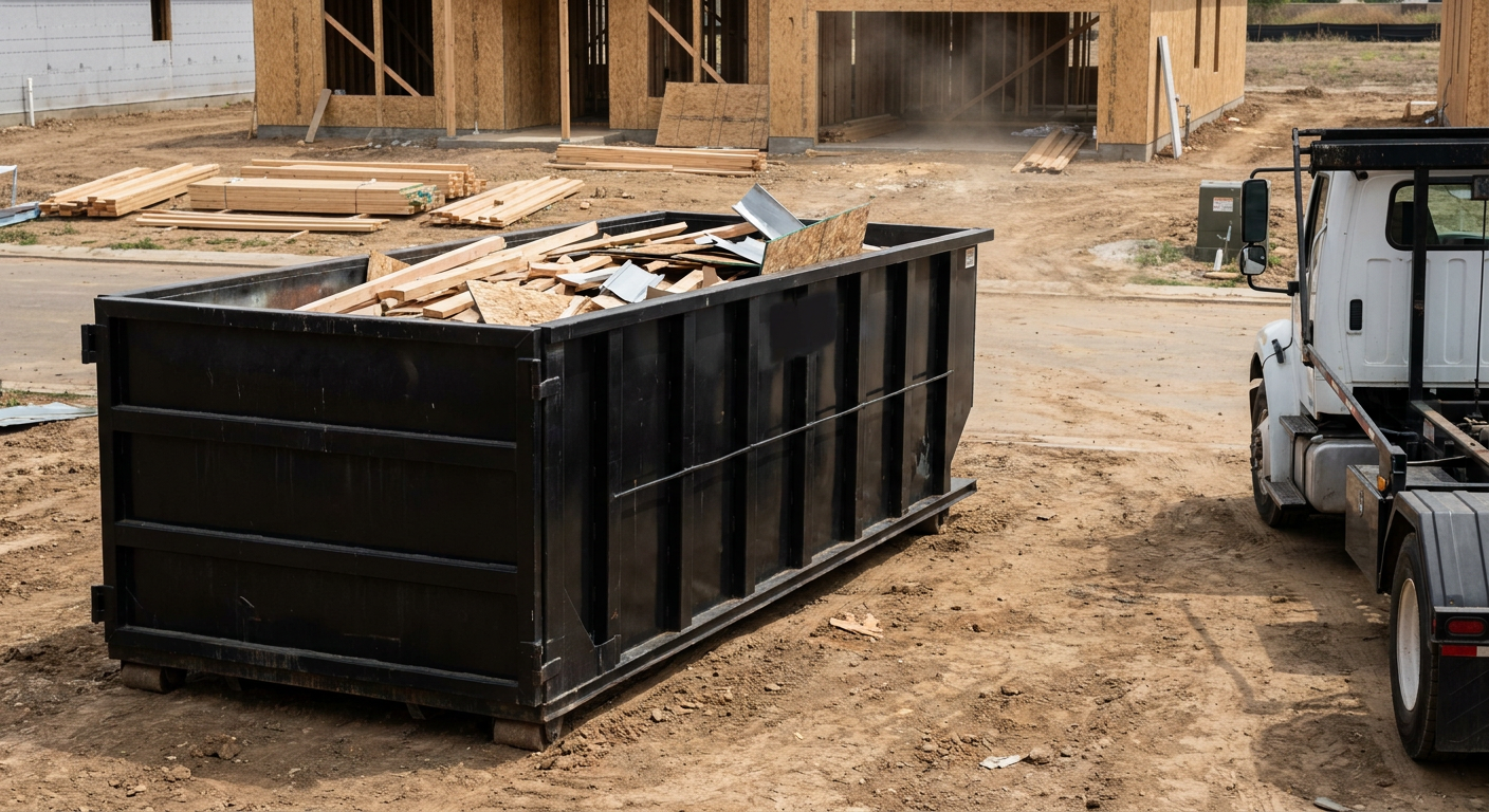 Matte-black 20-yard roll-off construction dumpster with heavy ribbed steel sidewalls and swing rear doors at a working jobsite in Clearwater, sitting directly on compacted dirt with an unmarked white hauler partially visible at the far edge of the frame.