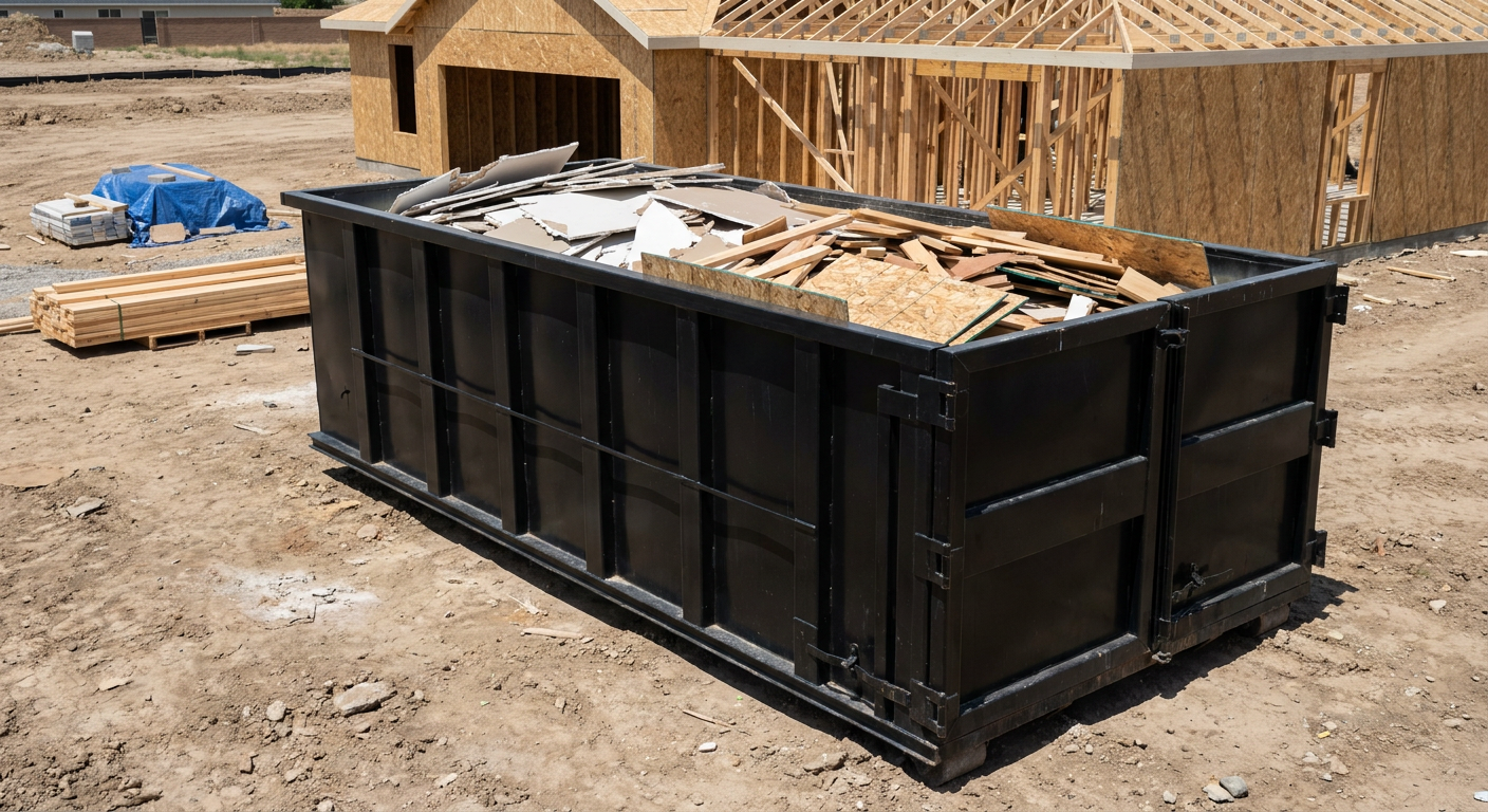 Matte-black 30-yard roll-off construction dumpster sitting directly on the compacted-dirt site of a framed single-family home build in Clearwater, drywall and lumber scrap loaded inside.
