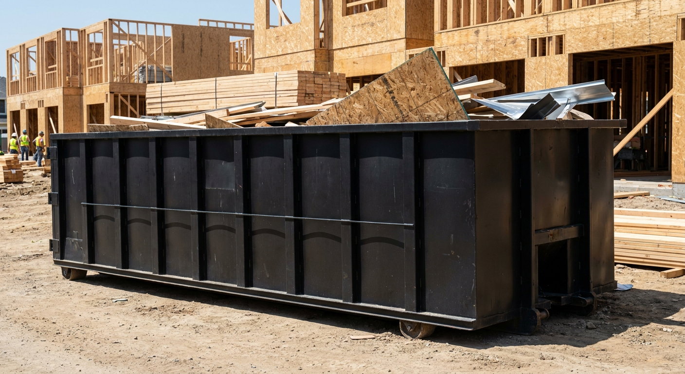 Matte-black 40-yard roll-off construction dumpster being lowered from a white-cab hooklift delivery truck onto the compacted-dirt jobsite at a commercial build site in Clearwater