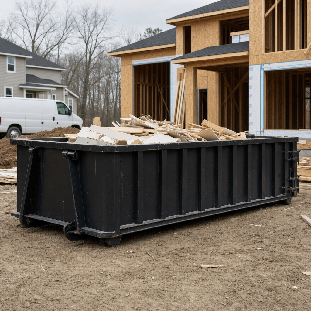 Worker in a yellow high-visibility vest tossing framing lumber and broken drywall into a matte-black 30-yard construction roll-off dumpster on an active build site in Clearwater, bright daylight