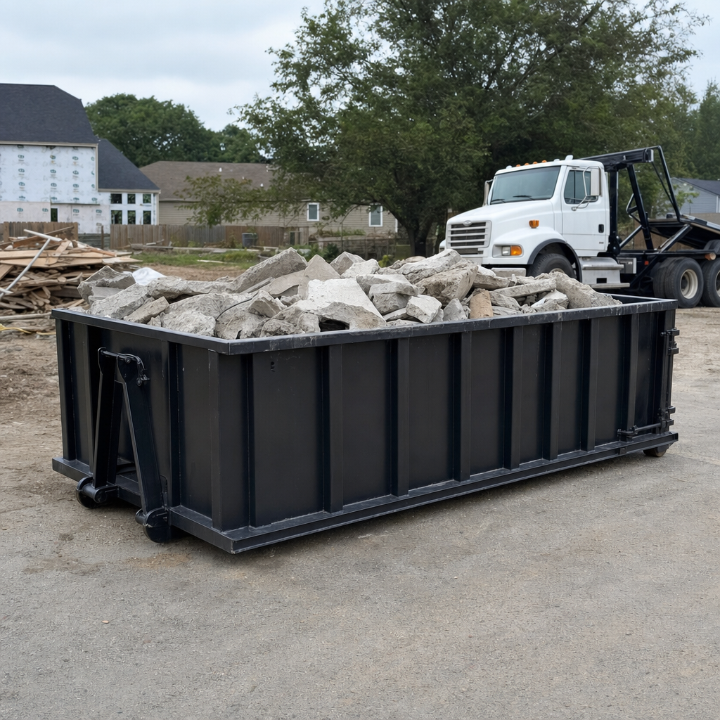 Low-profile matte-black lowboy roll-off dumpster loaded with broken concrete slab and rebar at a foundation tear-out in Clearwater, skid steer parked beside it, sunny Colorado morning