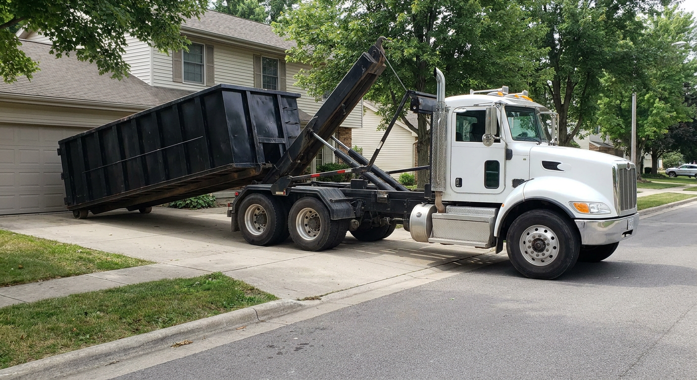 White-cab hooklift roll-off truck actively lowering a matte-black dumpster onto a Clearwater residential concrete driveway, the dumpster's rear wheels touching the driveway as the hoist arm tilts the bed forward, mid-morning daylight.