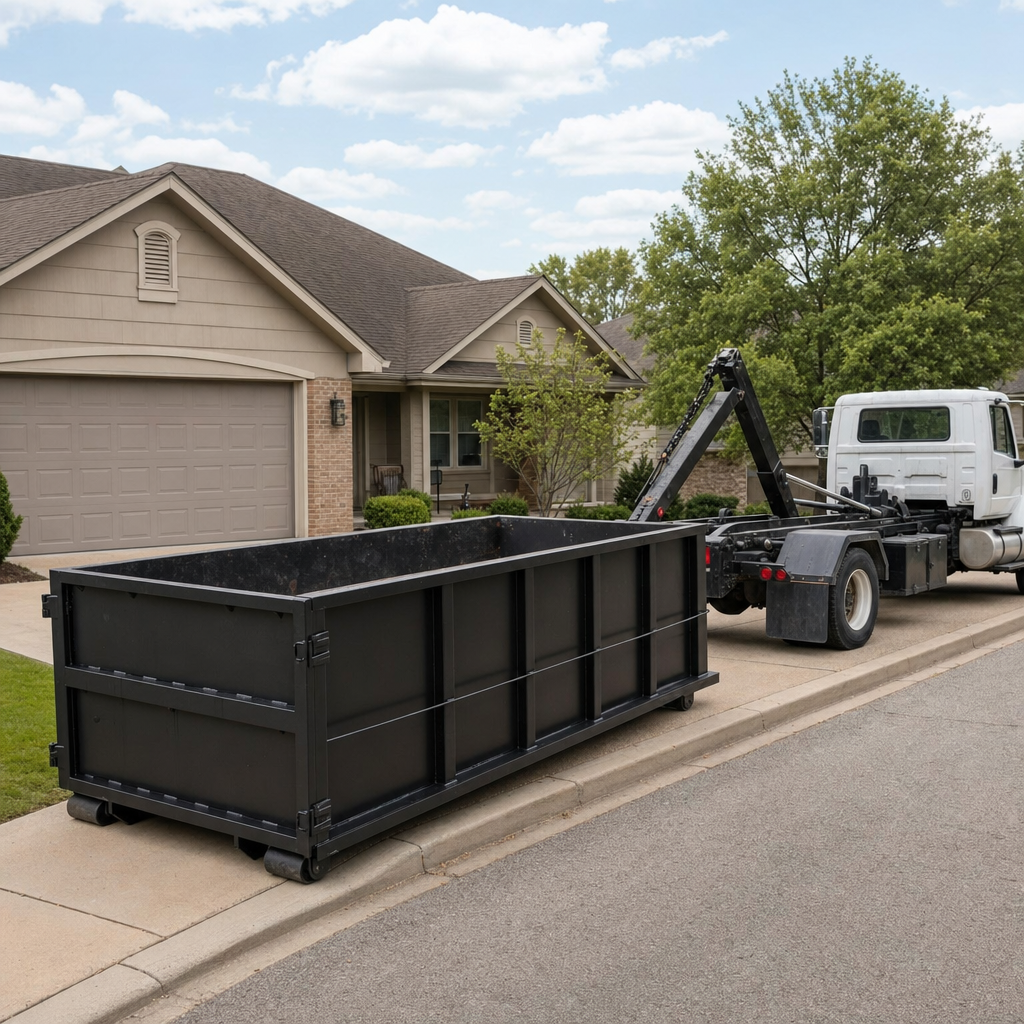 Wide documentary shot of a matte-black roll-off dumpster on a Clearwater residential driveway in the foreground and a contractor jobsite container in the soft-focus background, bright daylight, calm and orderly composition.