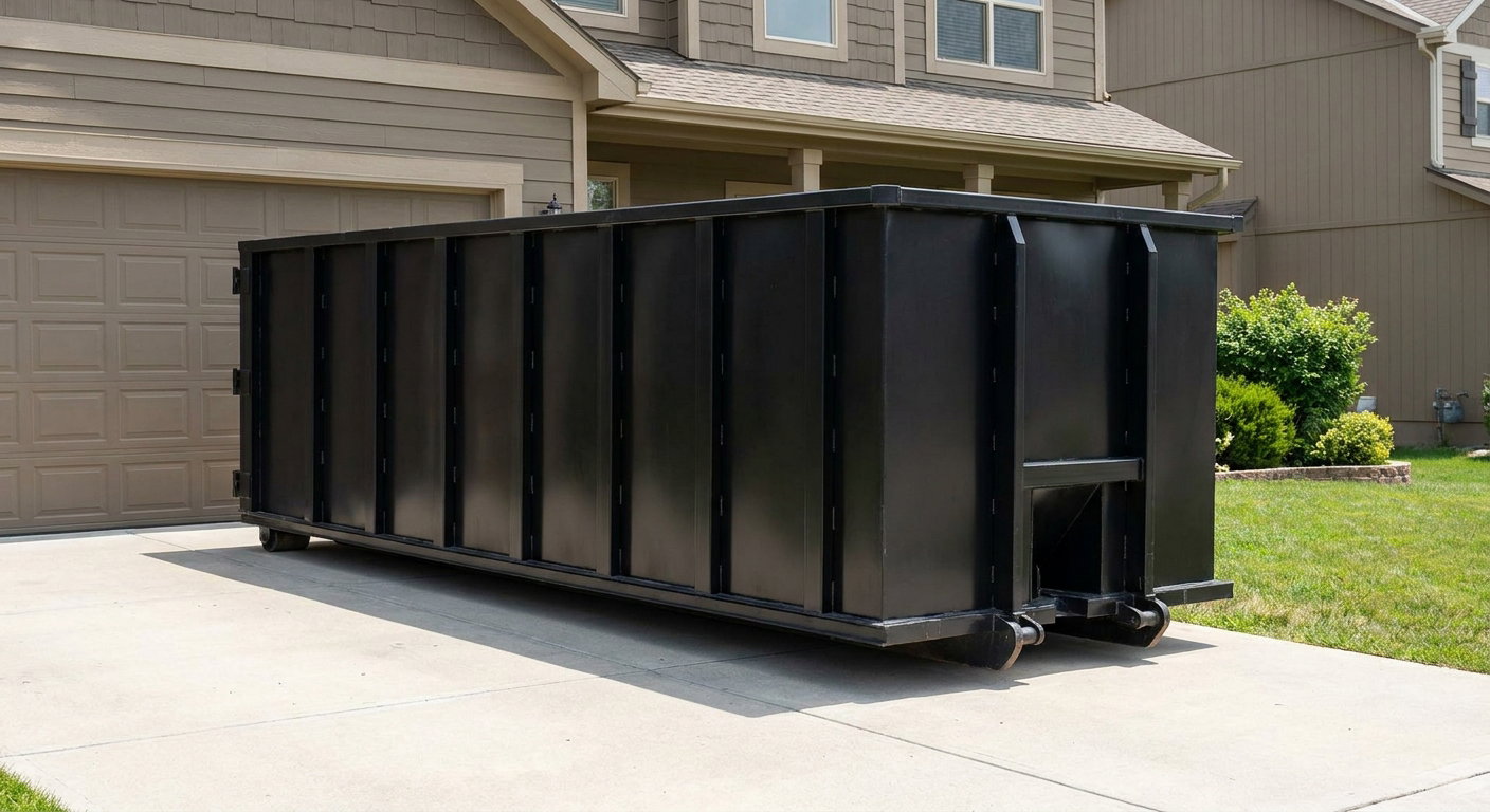 Matte-black residential roll-off dumpster sitting directly on a suburban Clearwater concrete driveway, garage door closed, single-family home in background, bright morning daylight.