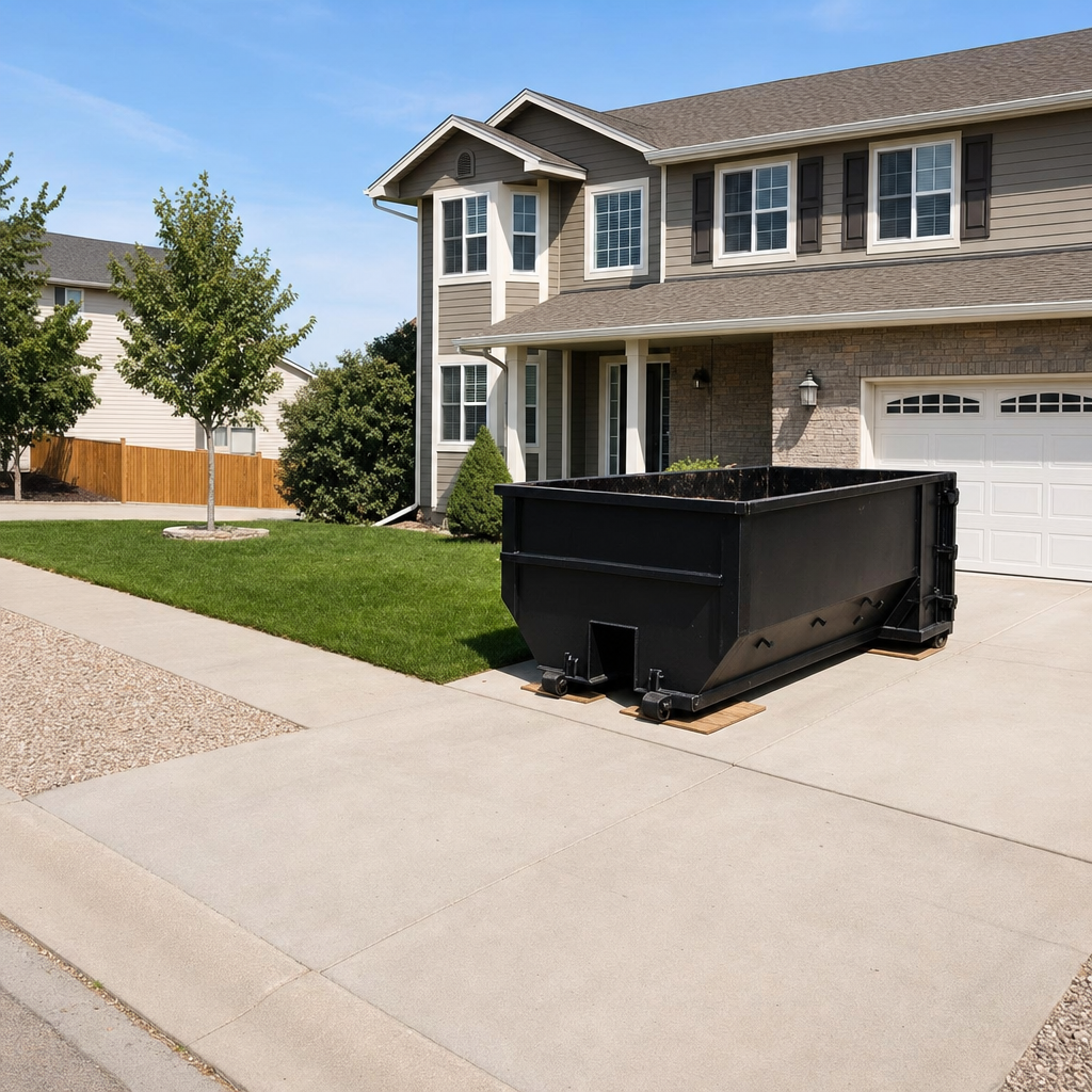 10-yard matte-black residential dumpster placed directly on a narrow Clearwater concrete driveway, room remains for a parked sedan beside it, mid-morning natural light