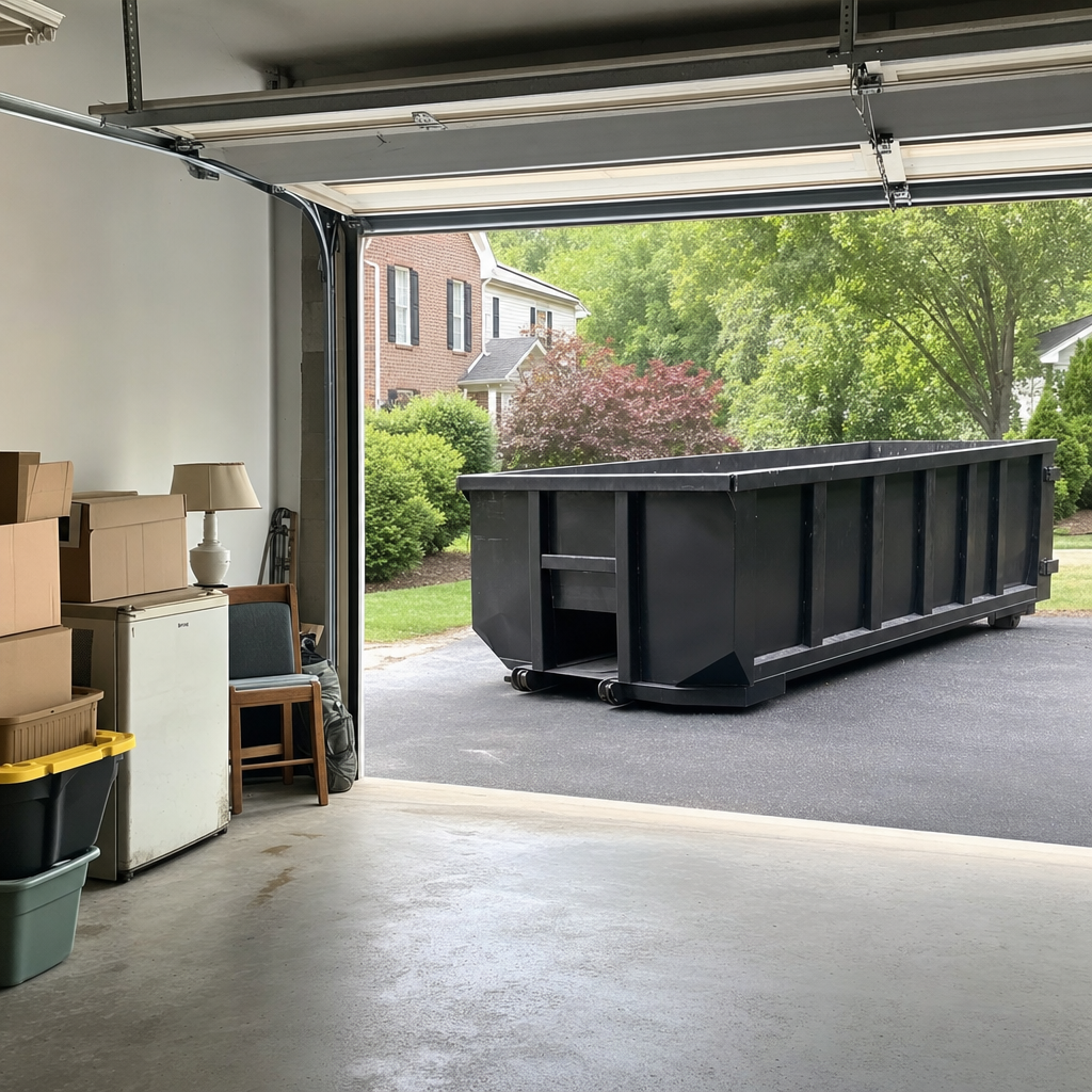 Open garage interior in a Clearwater home mid-cleanout — boxed items, an old appliance, and stacked yard tools queued near the driveway for a matte-black roll-off dumpster, organized and calm