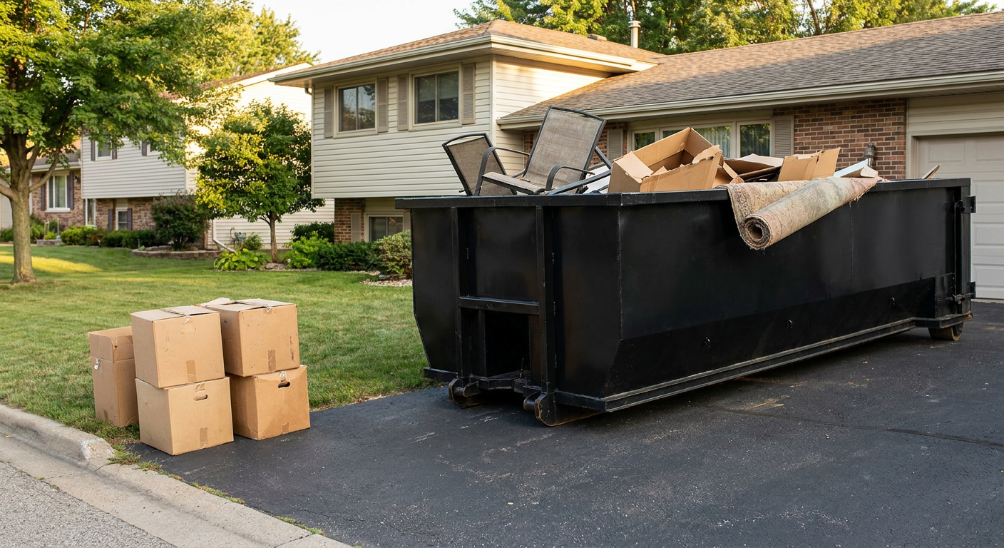 Front-yard view of a Clearwater split-level home with a 20-yard matte-black roll-off dumpster sitting directly on the asphalt driveway, a few clearly labeled donation boxes staged at the curb, calm sunny afternoon.