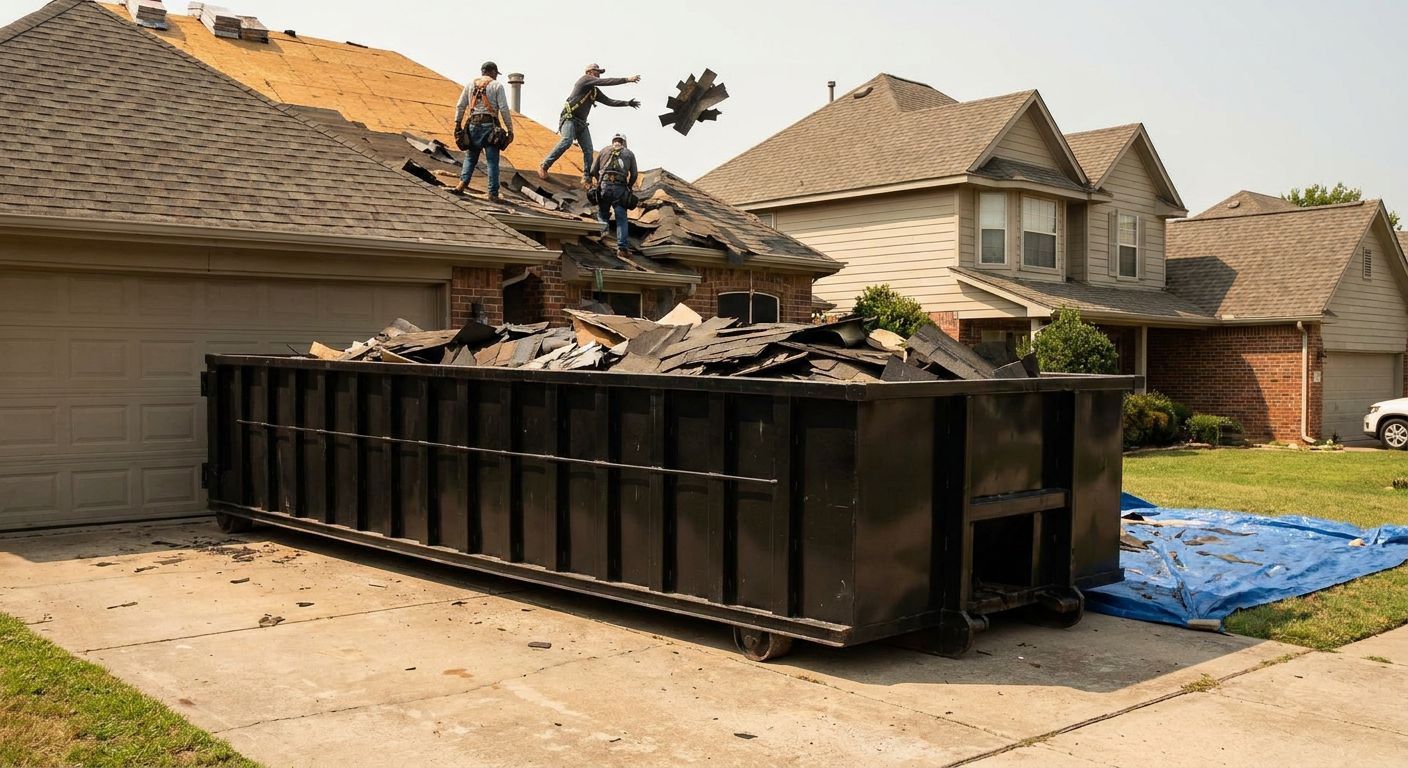 Matte-black roofing roll-off dumpster placed directly on a Clearwater residential concrete driveway, a tear-off crew on a two-story asphalt-shingle roof tossing shingle bundles into the low-walled container, bright daylight, documentary 35mm perspective.