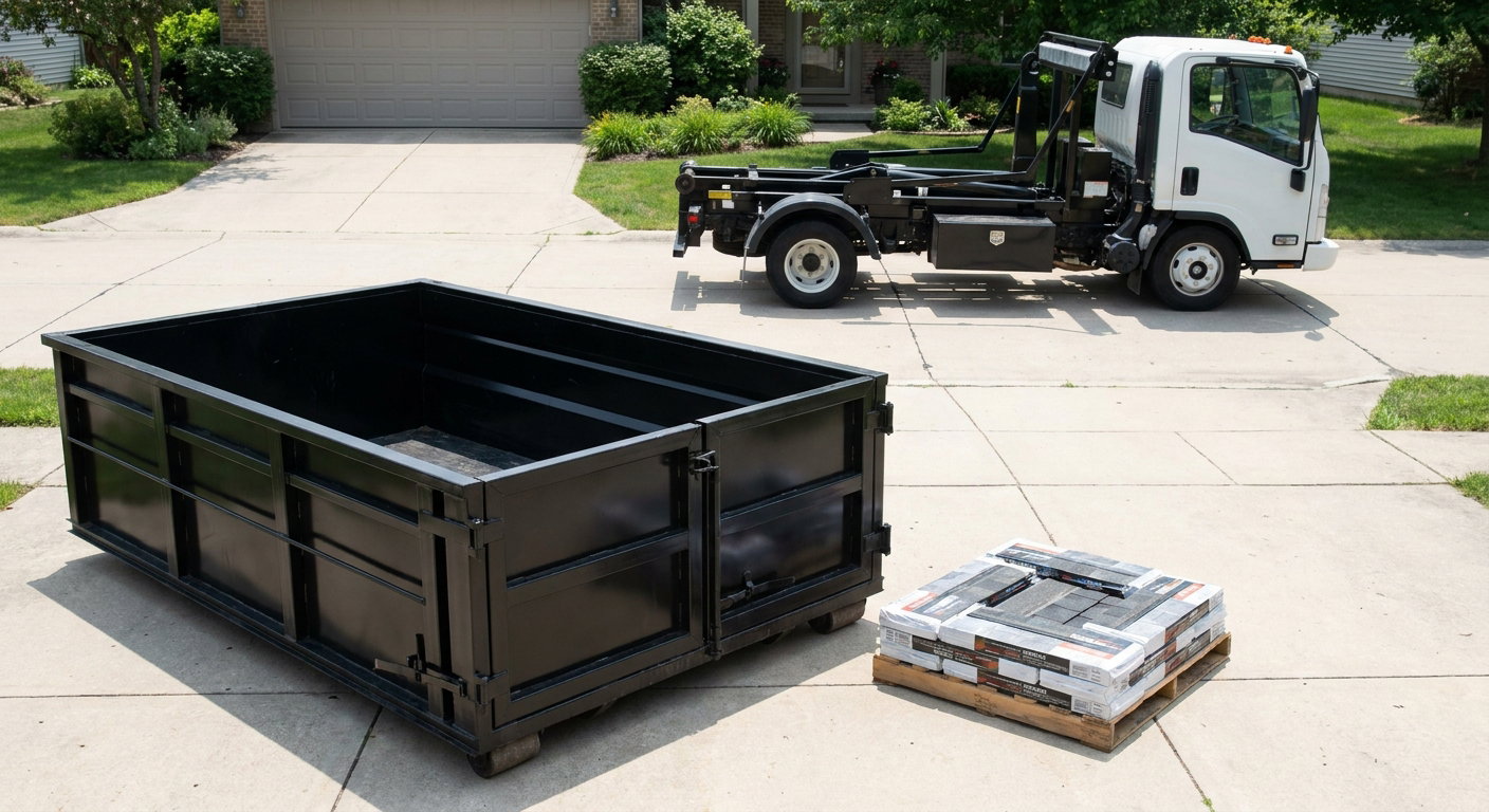 Matte-black 15-yard roofing roll-off dumpster with reinforced low side walls sitting directly on a Clearwater residential concrete driveway, three-tab asphalt shingle bundles stacked nearby, an unmarked white hauler truck partially visible at the edge of the frame.