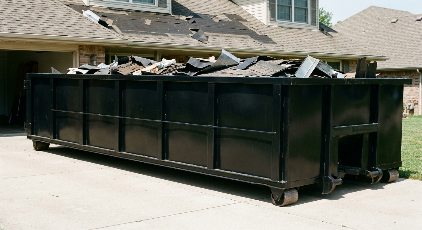 Matte-black 20-yard roofing roll-off dumpster with steel ribbed sides and swinging rear door, sitting directly on the concrete driveway of a two-story Clearwater home, asphalt shingle debris being loaded over the low wall, clean documentary lighting.