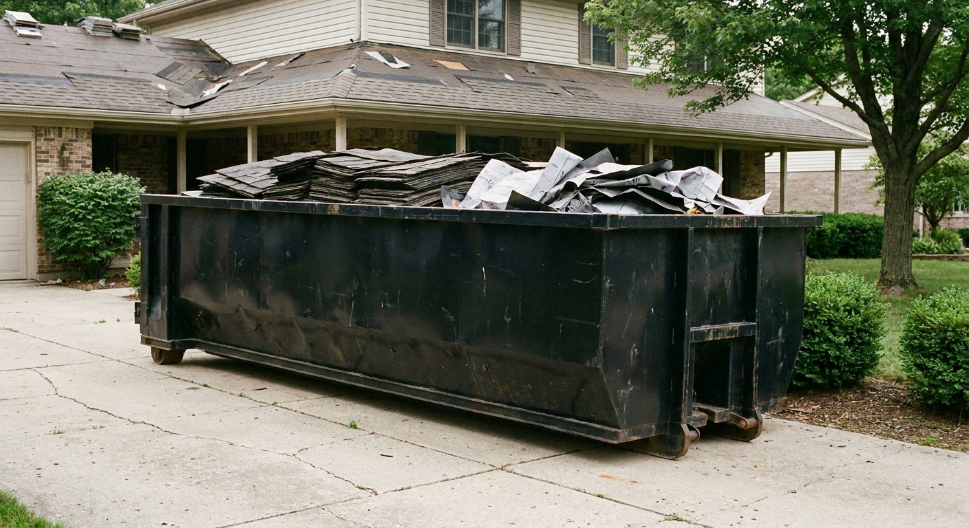 Matte-black 30-yard roofing roll-off dumpster sitting directly on a Clearwater concrete driveway, taller ribbed steel side panels, mixed tear-off debris of asphalt shingles and underlayment inside, professional documentary daylight.