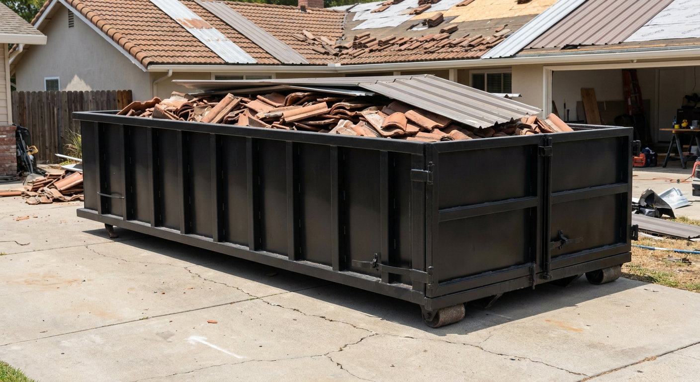 Matte-black low-wall heavy-debris roofing roll-off dumpster sitting directly on a Clearwater concrete driveway, broken concrete clay roof tiles and metal panel sections loaded inside, reinforced ribbed steel side walls visible, bright outdoor daylight.