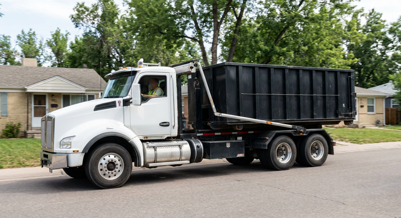 A wide documentary shot of a matte-black roll-off delivery truck pulling onto a quiet Clearwater residential street at mid-morning, with neighborhood rooftops and tree-lined blocks visible behind, showing the metro coverage footprint.