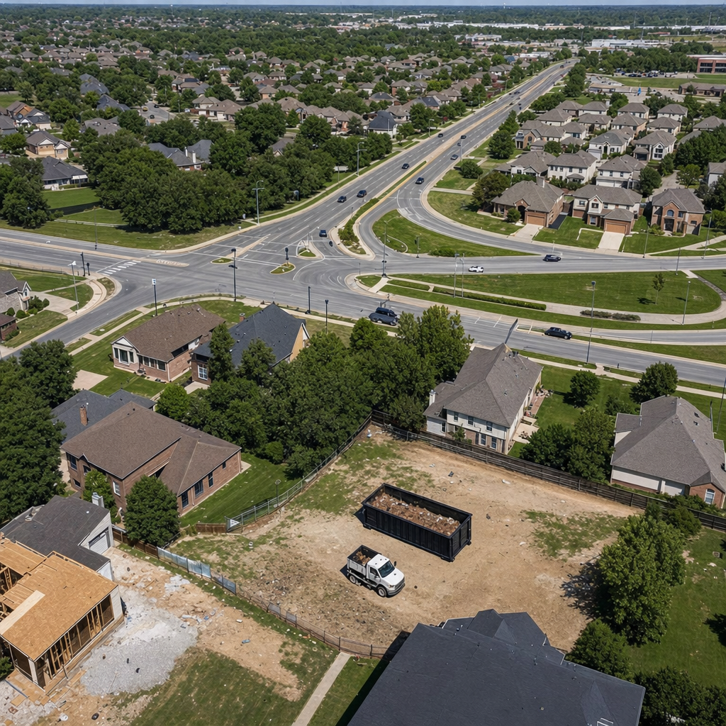 An overhead documentary view of the Clearwater metro area at midday, showing the spread of neighborhoods, arterial roads, and the dispatch radius from a central yard — clean daylight, organized geographic layout.