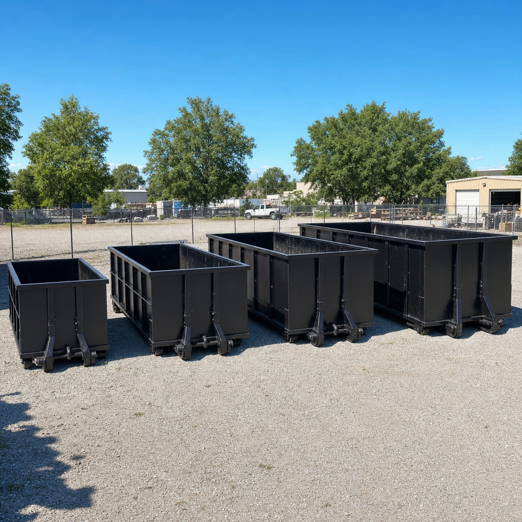 A clean lineup of matte-black roll-off dumpsters in 10, 20, 30, and 40-yard sizes staged on a sunlit gravel yard in Clearwater, showing the size progression from compact to commercial-scale containers.