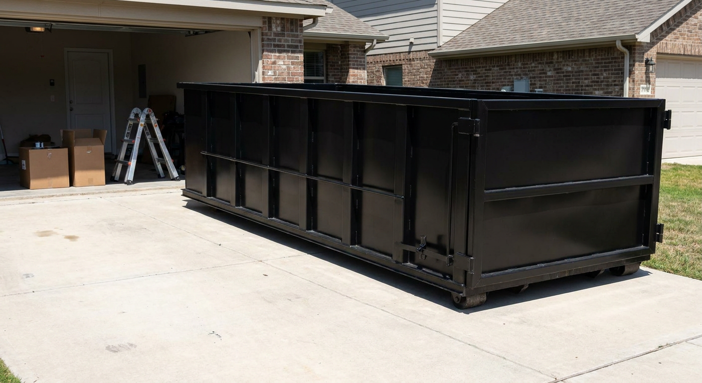 A matte-black 10-yard roll-off dumpster sitting directly on a residential Clearwater concrete driveway, mid-day sunlight, clean and ready for a garage cleanout.