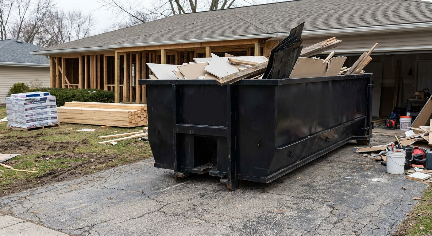 A matte-black 20-yard roll-off dumpster placed alongside a mid-renovation Clearwater home directly on the asphalt driveway, with framing materials and torn-off shingles staged neatly nearby.