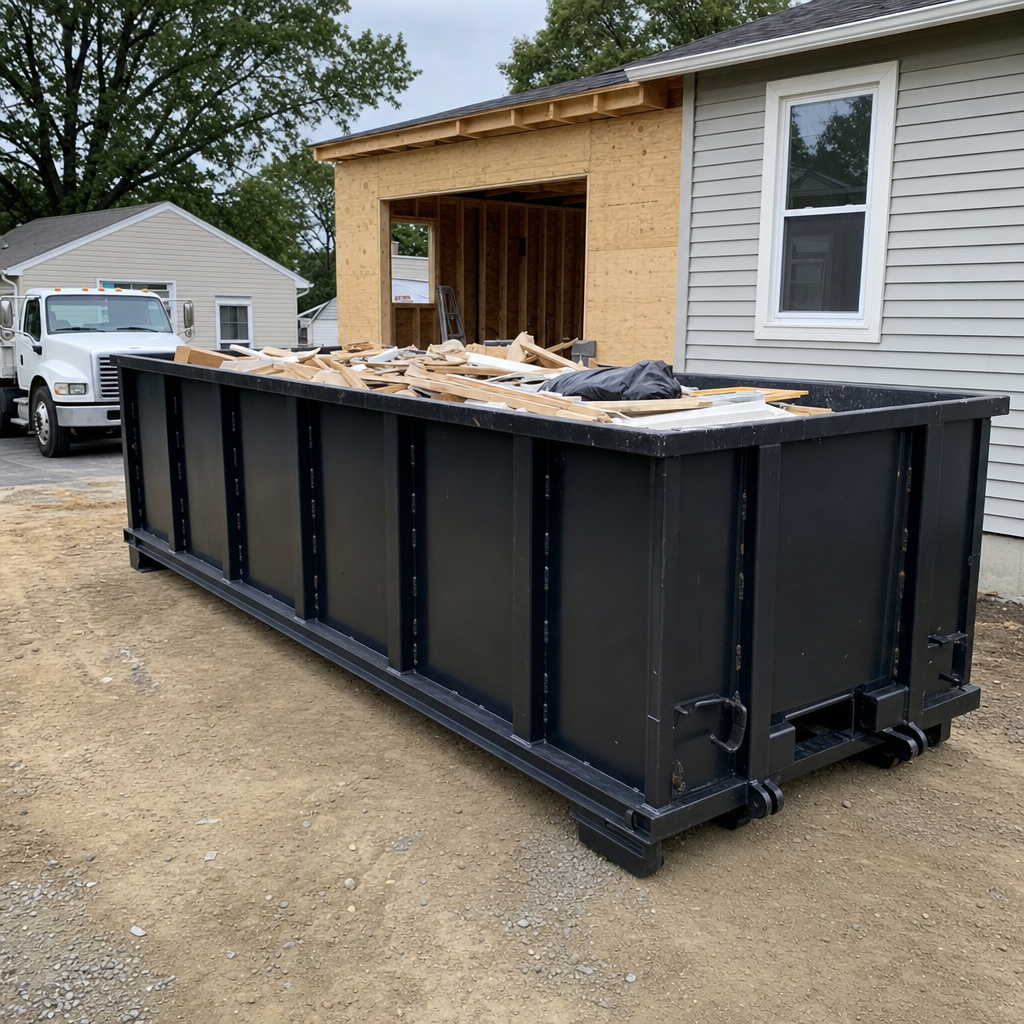 A matte-black 30-yard roll-off dumpster positioned at a Clearwater residential addition jobsite, with framing lumber and drywall scraps loaded through the open swinging rear doors.
