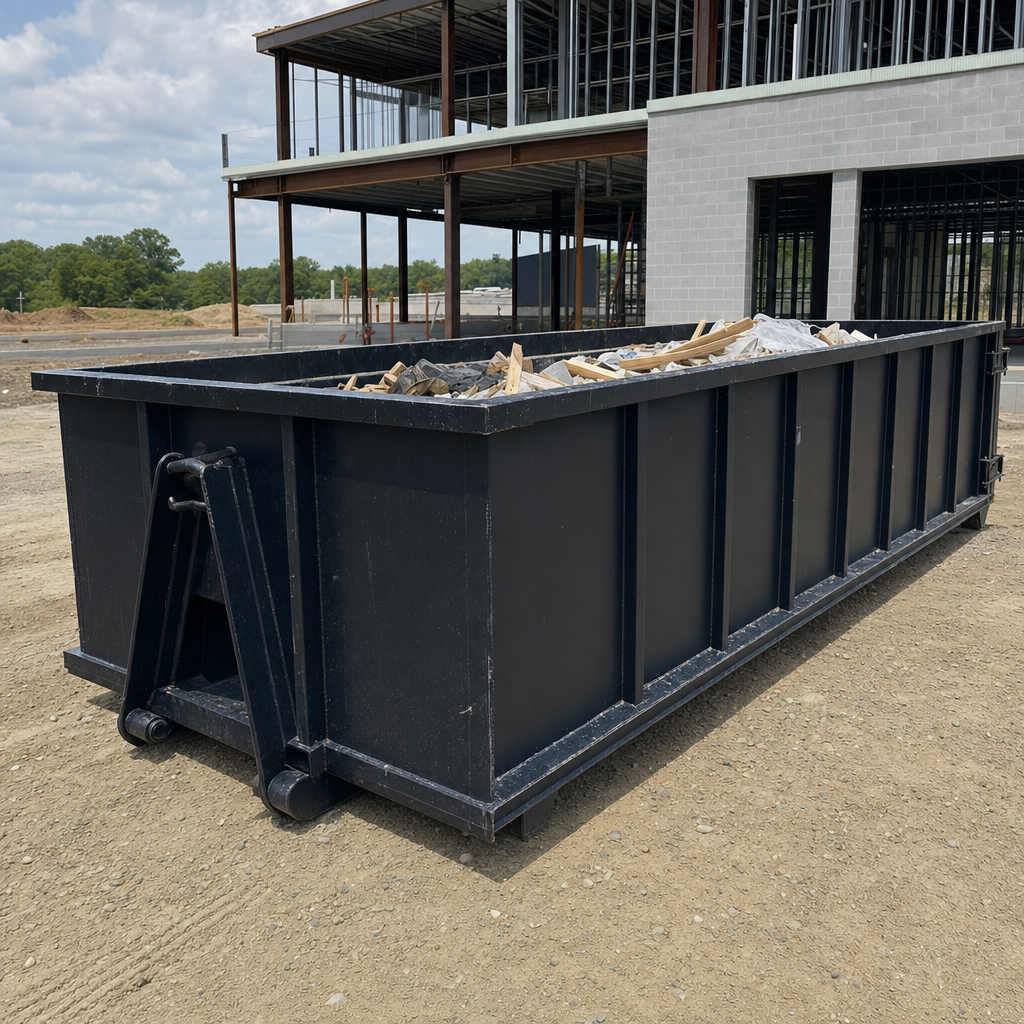 A matte-black 40-yard roll-off dumpster staged on a large Clearwater commercial construction lot, with a hooklift delivery truck parked alongside under bright midday sky.