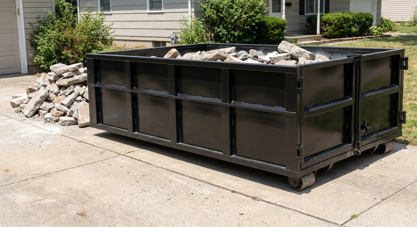 A matte-black low-side heavy-debris roll-off dumpster placed directly on a Clearwater concrete driveway, with broken concrete chunks neatly stacked beside it under clean daylight.